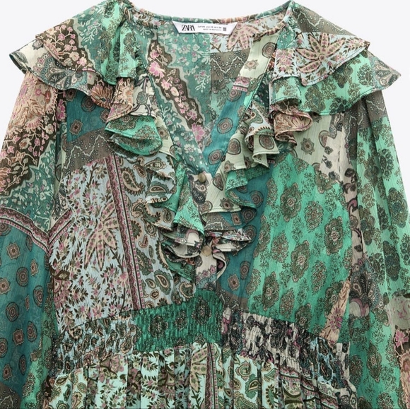 ZARA RUFFLED PATCHWORK GREEN MIDI DRESS NWT - Picture 5 of 9